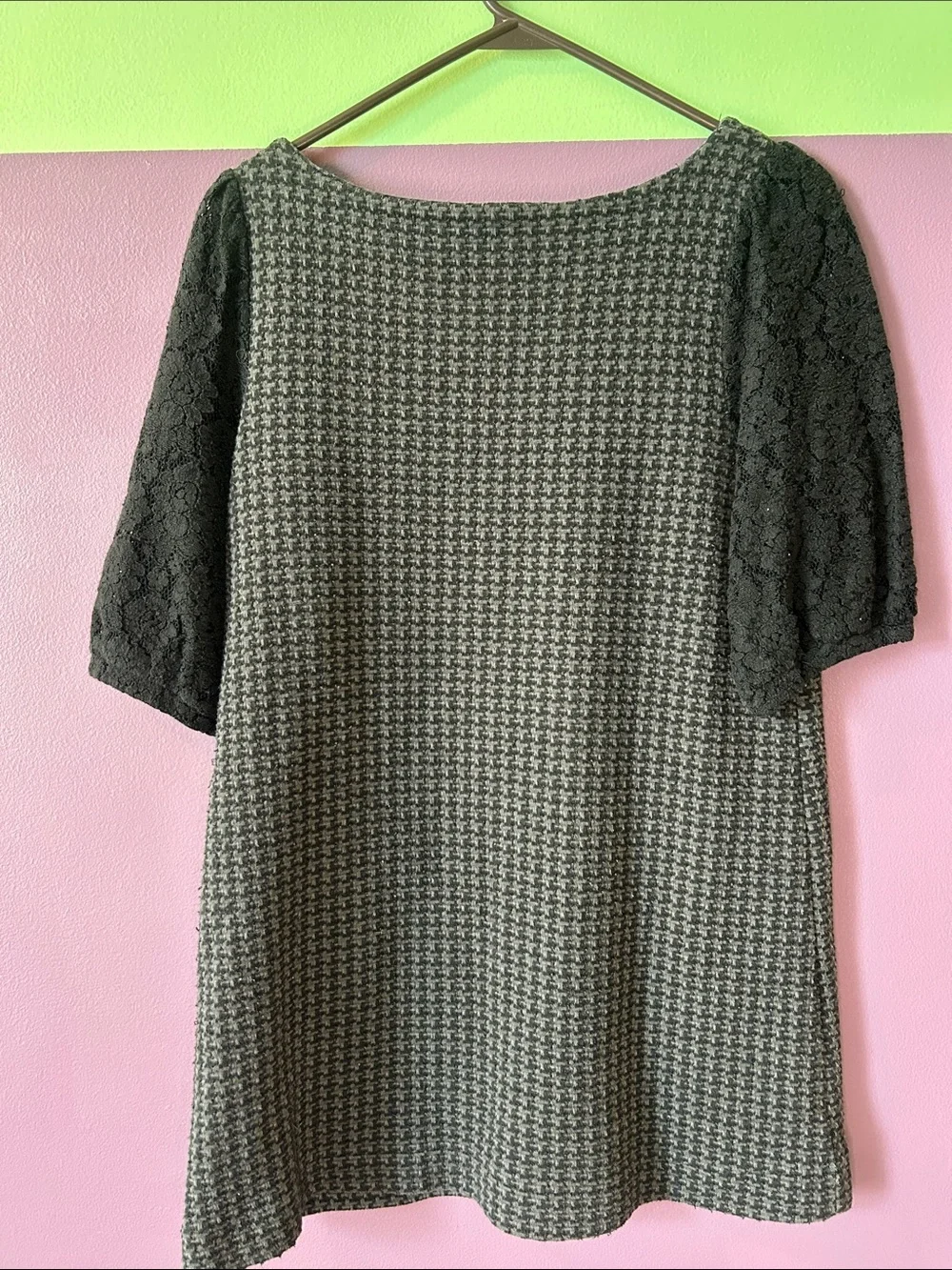 Houndstooth Midi Dress with Black Lace Sleeves